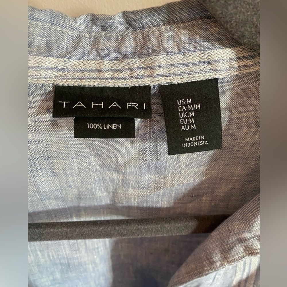 100% Linen Tahari Light Blue & White Striped Tunic Style Blouse Size Medium - Picture 3 of 6